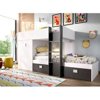 Groe - Cama Tren Con Armario Y 2 Cajones - 150x271x111 - Blanco / Grafito