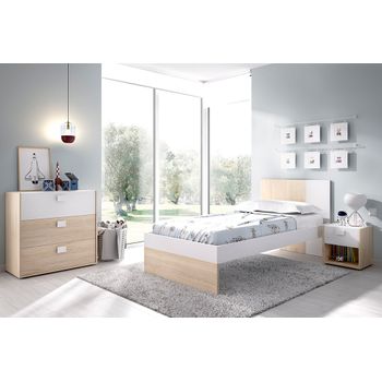 Dina 3 - Cama 190x90 + Mesita Noche + Comoda 3 Cajones - Xx - Natural / Blanco