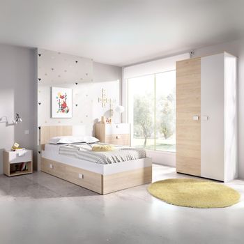 Conjunto De Dormitorio Dina Pack 4 Armario + Cómoda + Mesita + Cama Blanco/natural