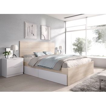 Lago B2 - Cama 135/140x190 + 4 Cajones + 2 Mesitas 2 Cajones - 100x246x195 - Natural / Blanco