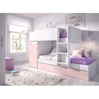 Cama Tren 3 Camas - Tom - 150x244x112 - Blanco / Rosa / R. Gris Malla