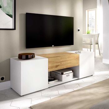 Mueble de tv 1 puerta 140 cm - acabado madera clara y blanco Sue