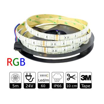 Tira Led 24v Rgb, Para Exterior Ip65, 60led/m Smd5050 Adhesivo 3m Bobina 5m