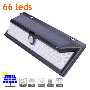 Aplique Solar Led Exterior Ip64, 65 Leds 800 Lúmenes. Ángulo Detección 120º Batería Li-ion 2500ma, Sensor De Movimiento, 3 Modos De Iluminación