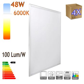 Pack X4 Panel Led, 60x60cm, Potencia 48w, Color Blanco Frío 6000k, 3900 Lúmenes, Marco Blanco, Para Empotrar En Falso Techo, Driver Incluido