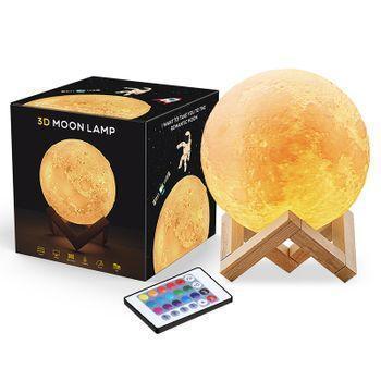 Lámpara Luna 3d Led, 16 Colores Rgb, Control Táctil Y Remoto, Regulable, Luz Nocturna 15 Cm Con Soporte De Madera Y Cargador Usb Incluidos