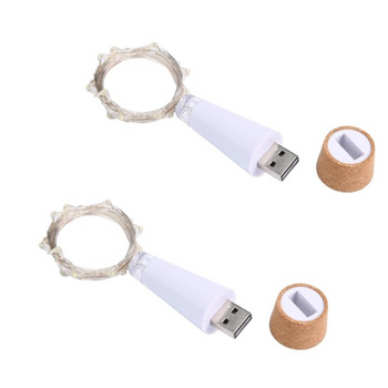 Pack X 2 Tapón Botella 20 Leds Usb Recargable Con Guirnalda Led 2 Metros Blanco Cálido 3000k