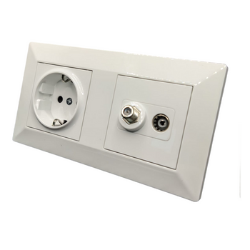 Enchufe Schuko 16a + Enchufe Sat Tv + Tv Socket Con Marco Doble Policarbonato Blanco