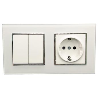 Doble Interruptor 2 Circuitos + Enchufe Schuko 16a Con Marco Doble Cristal Templado Blanco