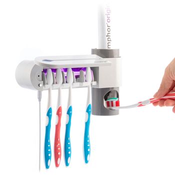 Dispensador de pasta dental Diseeth InnovaGoods con soporte para cepillos  blanco