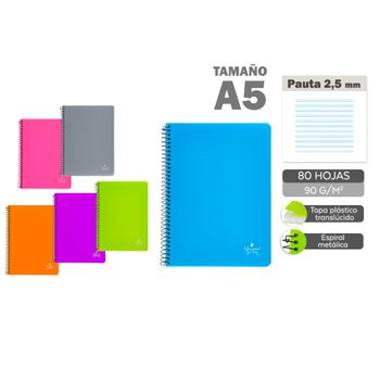 Quijote Paper World Pack 8 Cuadernos Espiral A5 80h 90g/m2 Pauta 2.5mm Tapa Plástico