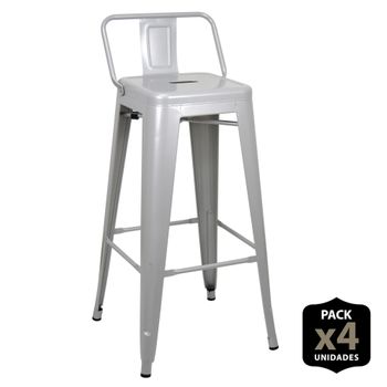 Pack 4 Taburetes De Bar Con Respaldo Tulio Gris Plata. 43x43x93 Cm.