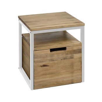 Mesita De Noche Eco Three 1 Estante 1 Cajón 40x40x47cm Blanca En Madera Maciza De Pino Acabado Vintage Estilo Industrial Box Furniture