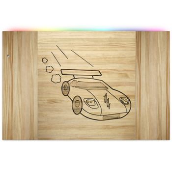 Cabecero Infantil Coche Con Led 100x70cm En Madera Maciza De Pino Acabado Natural Estilo Nórdico Industrial Box Furniture