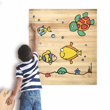 Cuadro Infantil De Madera De Pino Para Pintar Peces 60x70cm