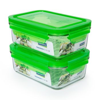 Glasslock Colors - Set De 2 Recipientes Rectangulares De 0.7l En Vidrio Templado. Verde