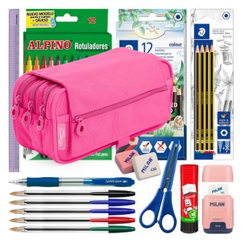 Colepack23 - Estuche Triple De 3 Cremalleras Con Material Escolar Incluido. Fucsia