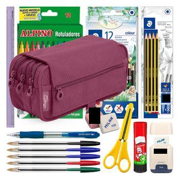 Colepack23 - Estuche Triple De 3 Cremalleras Con Material Escolar Incluido. Morado