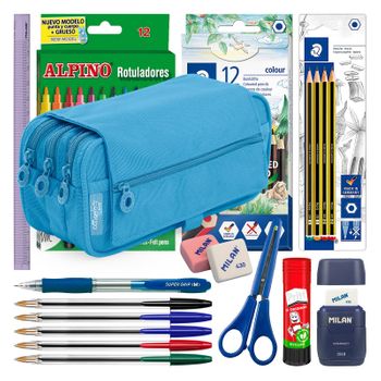 Colepack23 - Estuche Triple De 3 Cremalleras Con Material Escolar Incluido. Azul Claro