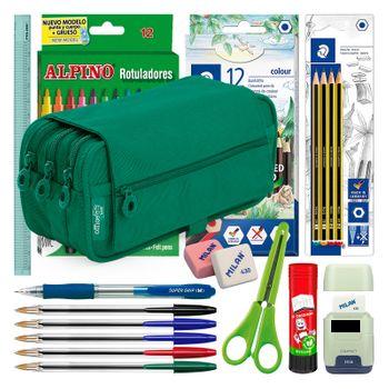 Colepack23 - Estuche Triple De 3 Cremalleras Con Material Escolar Incluido. Verde