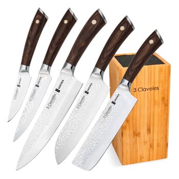 Bloque Cuchillos Cocina Profesional, 6 pcs.,Taco Madera, 5 Cuchillos, Acero  Inoxidable Calidad, Maestro, Plata, , MR-1416