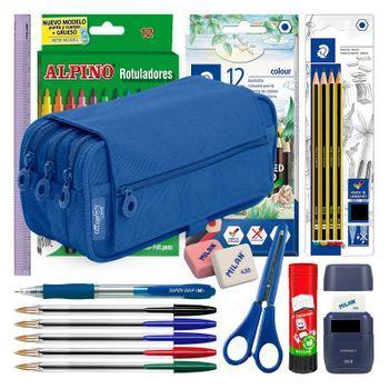 Colepack Pro - Estuche Triple De 3 Cremalleras Con Material Escolar Incluido. Azul Oscuro