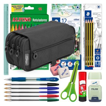 Colepack Pro - Estuche Triple De 3 Cremalleras Con Material Escolar Incluido. Negro