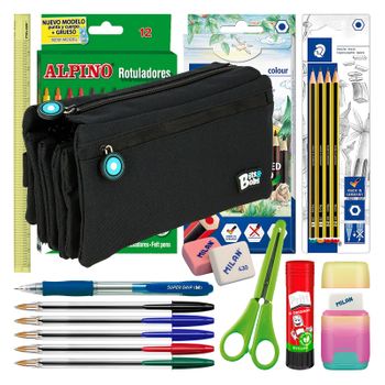 Colepack Bitsbobs - Estuche Escolar Cuádruple De 4 Cremalleras Y Material Incluido. Negro