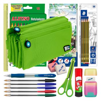 Colepack Bitsbobs - Estuche Escolar Cuádruple De 4 Cremalleras Y Material Incluido. Verde