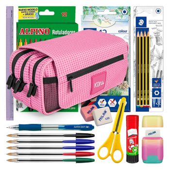 Colepack Kūru 2022 - Estuche Triple De 3 Cremalleras Con Material Escolar Incluido. Rosa