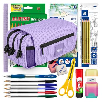 Colepack Kūru - Estuche Triple De 3 Cremalleras Con Material Escolar Incluido. Lavanda