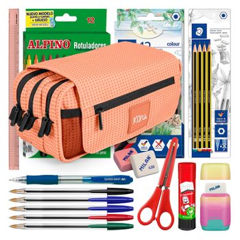 Colepack Kūru - Estuche Triple De 3 Cremalleras Con Material Escolar Incluido. Melocotón