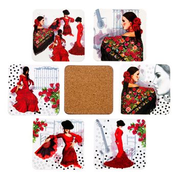 Javier Flamenca - Set De 6 Posavasos Cuadrados En Madera Y Corcho