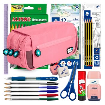 Colepack Bitsbobs - Estuche Triple De 3 Cremalleras Con Material Escolar Incluido. Rosa Cl