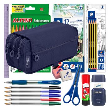 Colepack Pro - Estuche Triple De 3 Cremalleras Con Material Escolar Incluido. Azul Marino