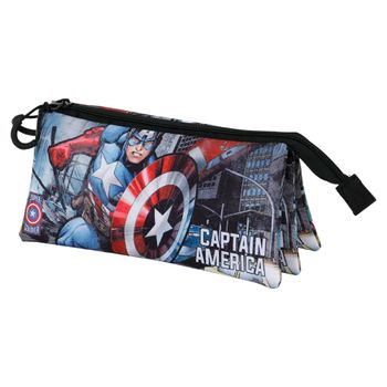 Capitán América Defender- Estuche Escolar Triple Portatodo Con 2 Cremalleras. Multicolor