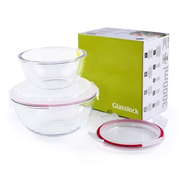 Glasslock Bowl - Set De 2 Ensaladeras Redondas Con Tapa De 1l Y 2l En Vidrio Templado