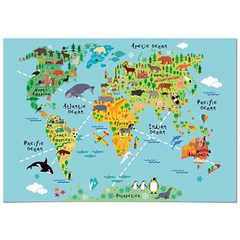 Panorama® Póster Infantil Para Habitación Mapa Mundi Niños Animal 50x35cm | Impreso Papel 250g | Láminas Para Enmarcar | Cuadros Infantiles | Cuadros Para Habitación Bebés | Decoración Habitación Bebé