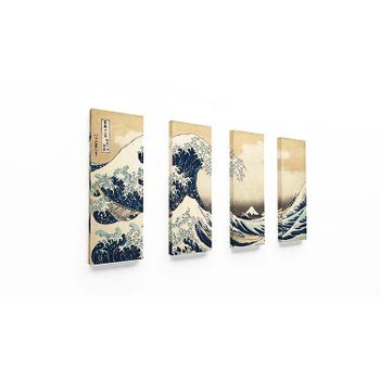 Panorama® Lienzo Hokusai La Gran Ola De Kanagawa En 4 Piezas 70x50cm | Impreso En Lienzo De Alta Calidad Con Bastidor | Cuadros Decoración Salón | Cuadros Vintage | Cuadros Lienzos Decorativos