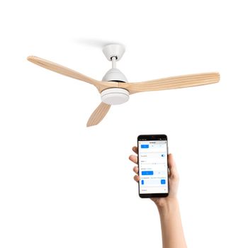 Ventilador De Techo 40w Silencioso Ø132 Cm, Blanco- Madera Natural- Sin Luz- Wifi + Mando A Distancia, Create - Windlight Cup Dc