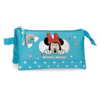 Estuche Minnie Rainbow Tres Compartimentos Azul De 22 Cm