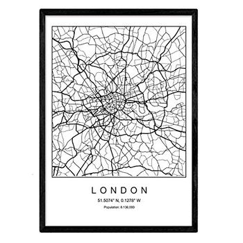 Lámina Mapa De La Ciudad London Nordico En Blanco Y Negro Poster A3 Enmarcado Marco Negro Impreso - Nacnic