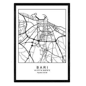 Lámina Mapa De La Ciudad Bari Nordico En Blanco Y Negro Poster A3 Enmarcado Marco Negro Impreso - Nacnic
