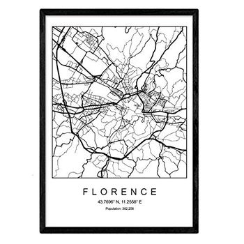 Lámina Mapa De La Ciudad Florence Nordico En Blanco Y Negro Poster A3 Enmarcado Marco Negro Impreso - Nacnic