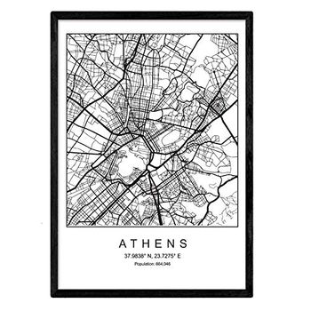 Lámina Mapa De La Ciudad Athens Nordico En Blanco Y Negro Poster A4 Enmarcado Marco Negro Impreso - Nacnic