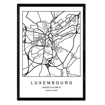 Lámina Mapa De La Ciudad Luxembourg Nordico En Blanco Y Negro Poster A4 Enmarcado Marco Negro Impreso - Nacnic