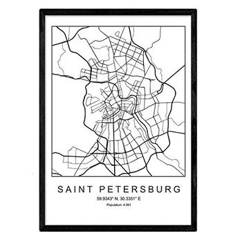 Lámina Mapa Deciudad Saint Petersburg Nordico En Blanco Y Negro Poster A3 Enmarcado Marco Negro Impreso - Nacnic