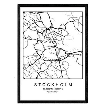 Lámina Mapa De La Ciudad Stockholm Nordico En Blanco Y Negro Poster A4 Enmarcado Marco Negro Impreso - Nacnic