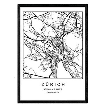 Lámina Mapa De La Ciudad Zurich Nordico En Blanco Y Negro Poster A3 Enmarcado Marco Negro Impreso - Nacnic