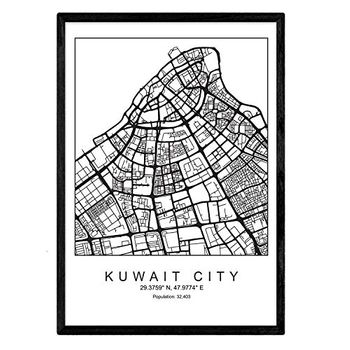 Lámina Mapa De La Ciudad Kuwait City Nordico En Blanco Y Negro Poster A3 Enmarcado Marco Negro Impreso - Nacnic